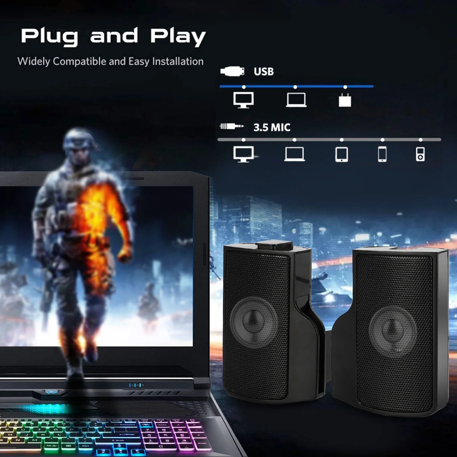 Mini Speakers Laptop External Computer USB Sound Soundbar Tablet Stereo Clip-on