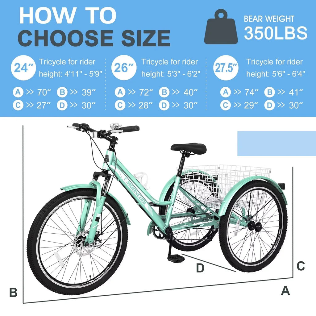 Trikes for Tricycles, Shopping, 3-Wheeled w/Spacious MOPHOTO Heavy Rides, Adults and Mountain Exercise, Duty 7-Speed Recreation Basket 24"/26"/27.5" Adventurous Bike