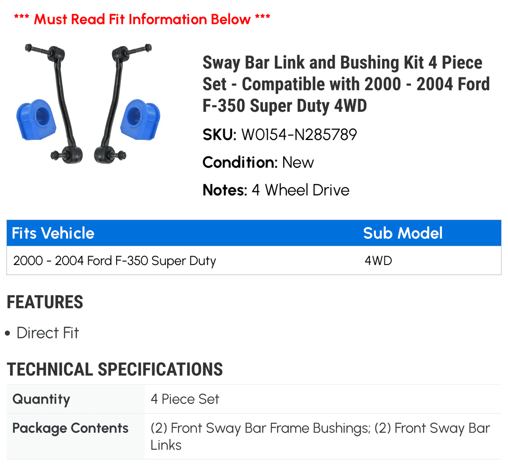 Set Bar - - 2000 Bushing Kit F-350 Duty Super 2002 with and 4 Ford Piece 2004 Sway 4WD 2003 Compatible Link 2001