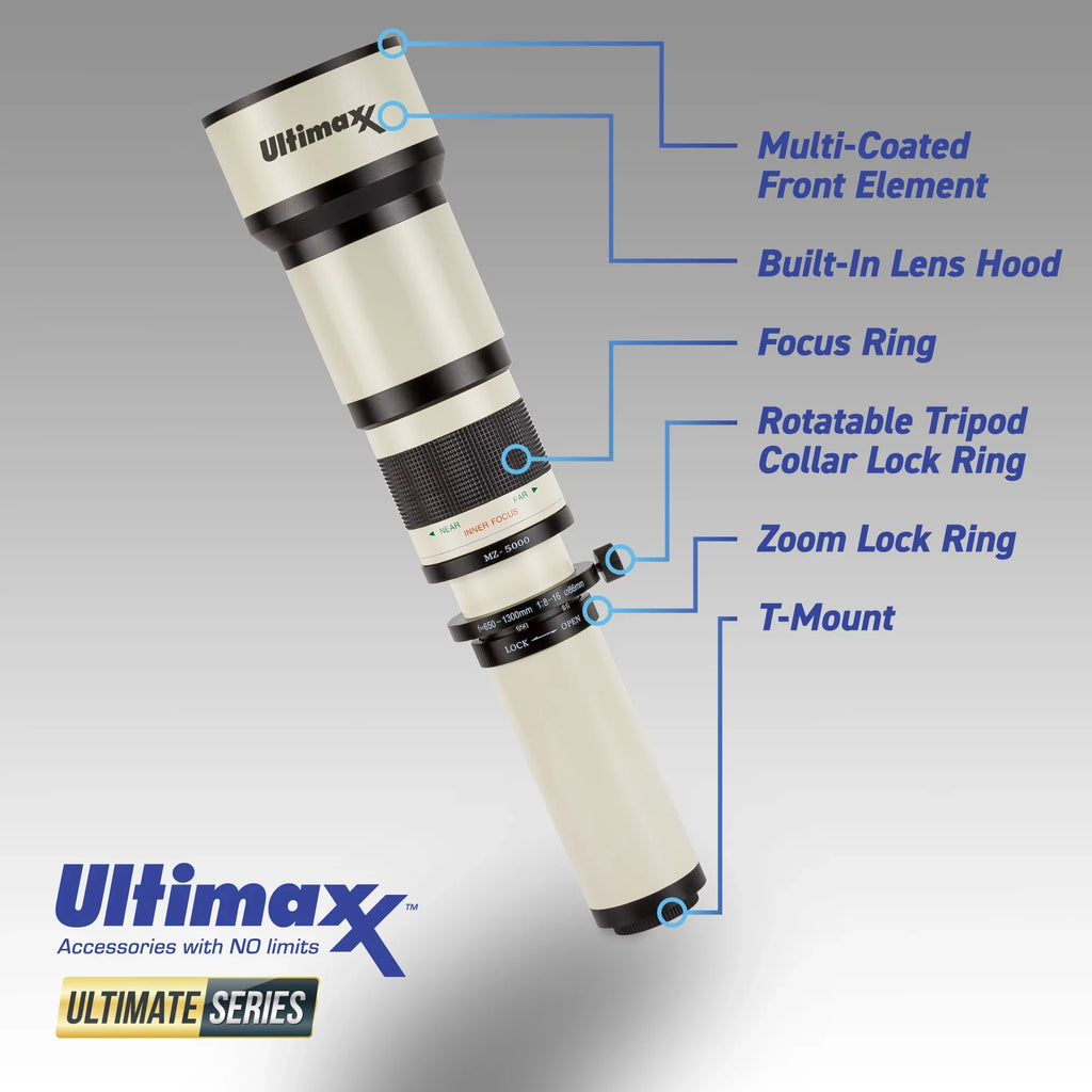2X- F-Mount 1300mm More (with f/8 Lens Manual & 1300-2600mm) Nikon 650 Ultimaxx Telephoto for Cameras to