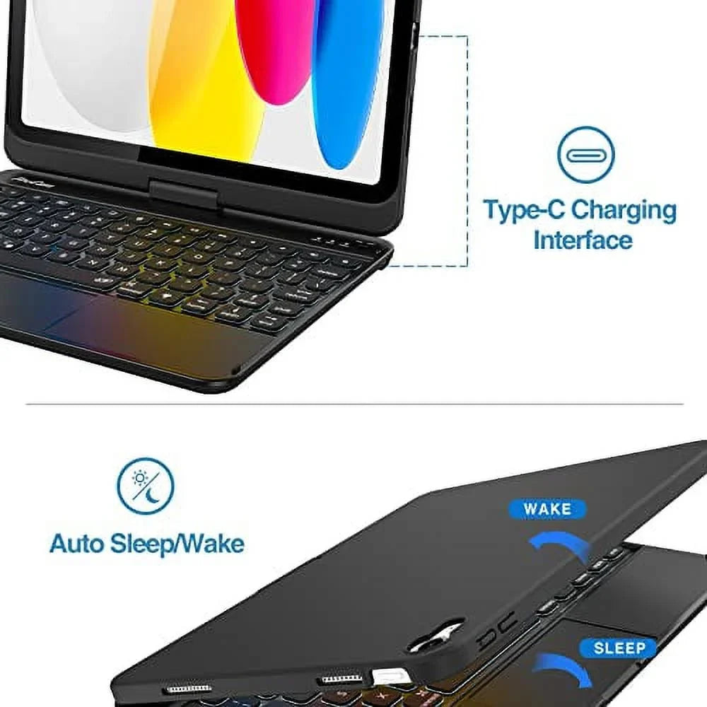 for for Backlit 10th Generation iPad –Black 10.9 2022 Keyboard Degree Rotation 7 Touchpad 360 Color inch Multi-Touch ProCase Trackpad, Keyboard iPad with Gen 10th Case Case