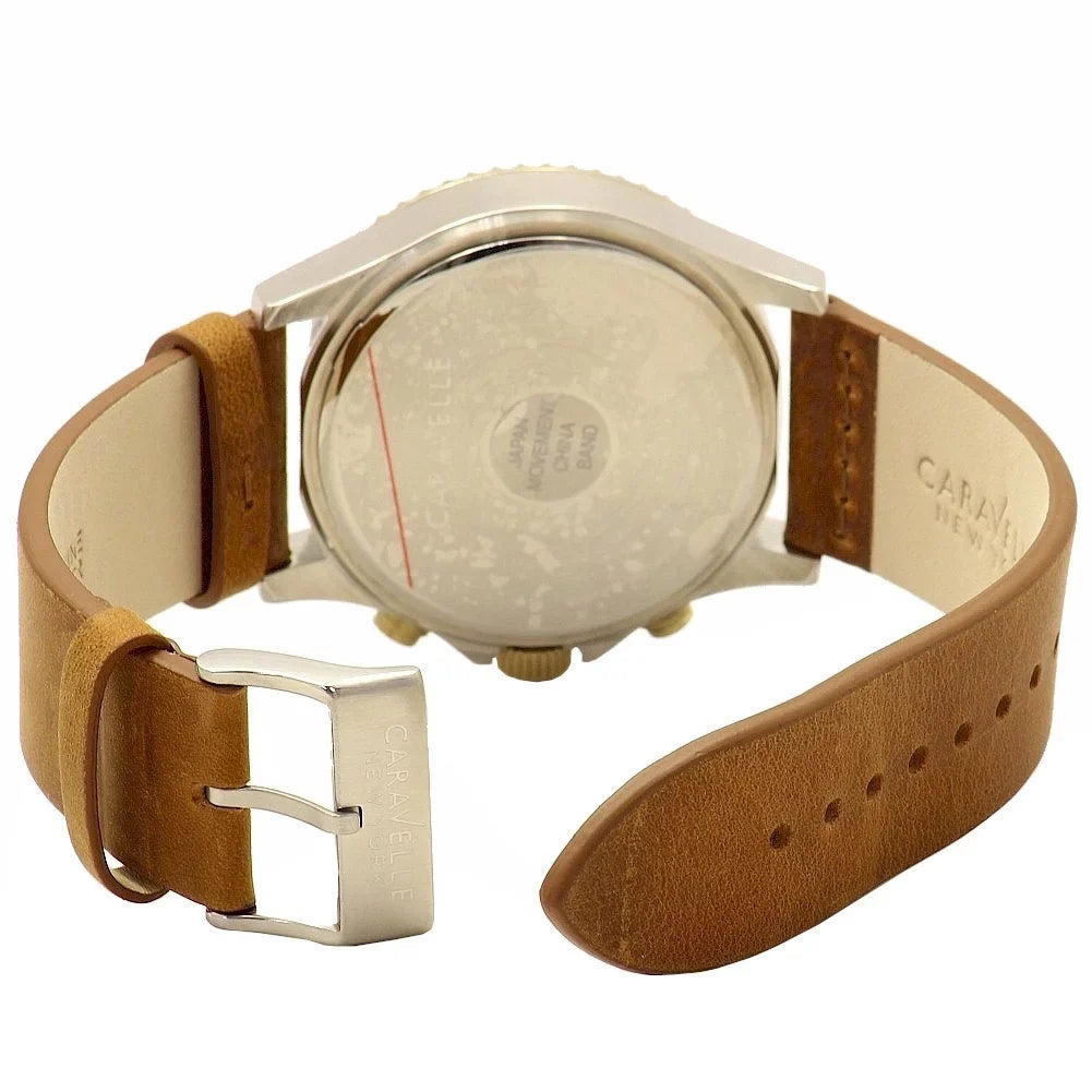 Brown Strap Caravelle Leather Men's Sport Blue 45A135 Watch Dial Chronograph
