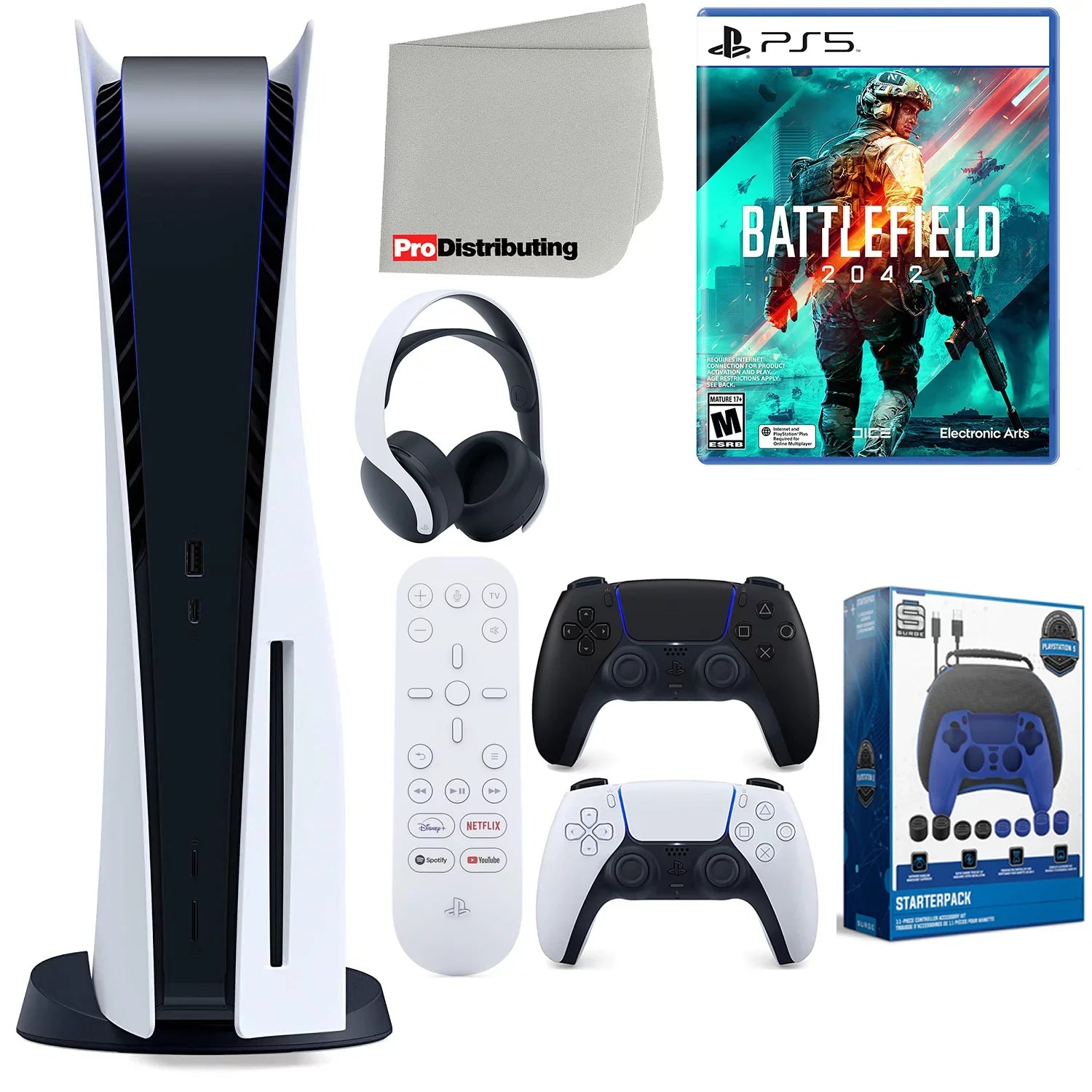 PS5 Cleaning Headset, Sony (Sony 5 and Extra Remote, Accessory Battlefield Playstation 2042, Microfiber Disc with Media Kit Bundle Version Midnight Starter Cloth Black Disc) Controller,