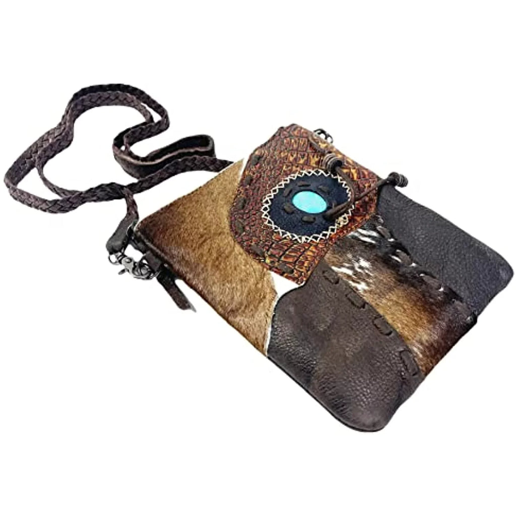 Purse Leather (Dark Tote Cowhair Purses Handbag Brown) Teal Bag Stitched Stone Urbalabs Western Tooled Hand Tassel Crossbody