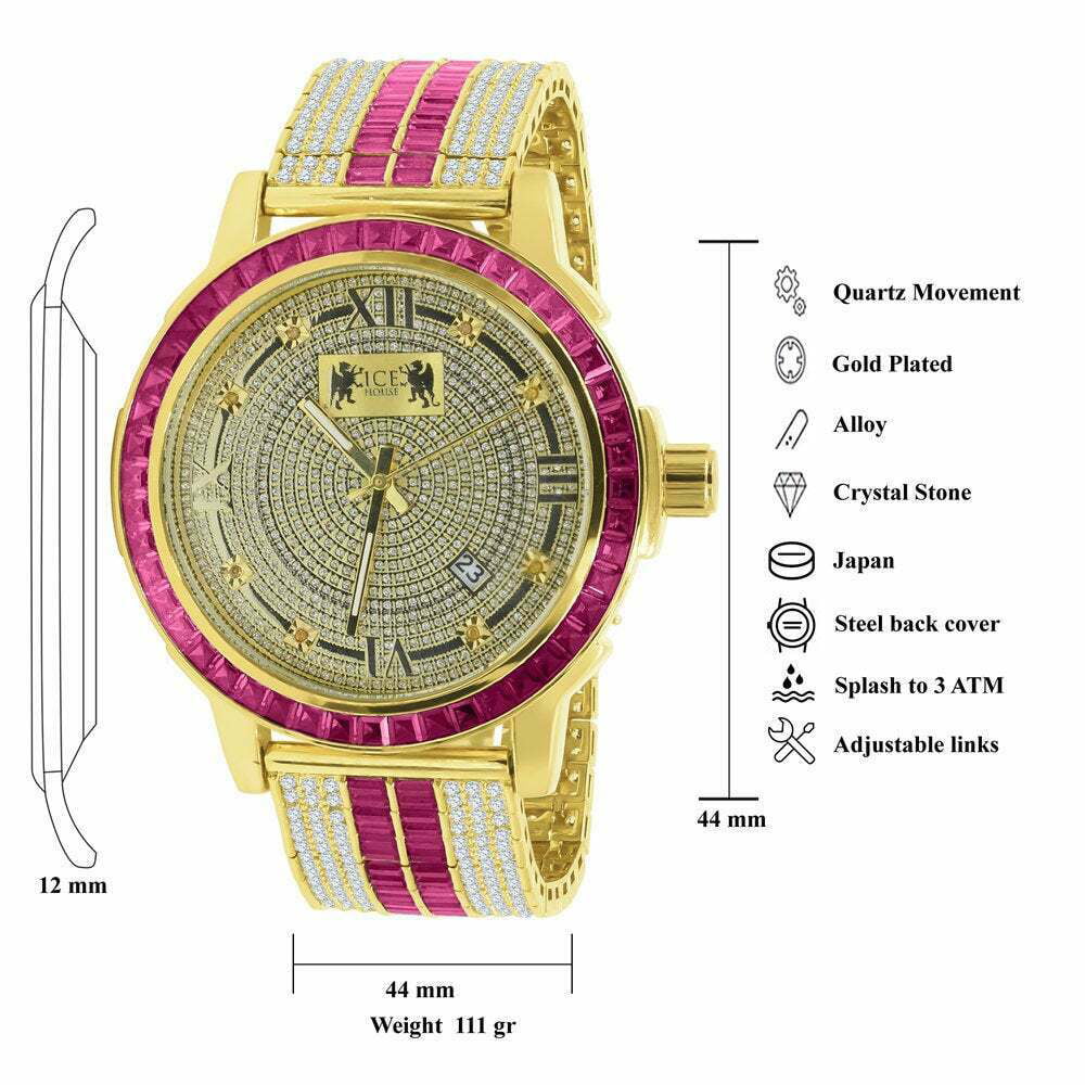 Real Gold Tourmaline Pink Bezel Diamond Stainless Steel Dial Custom Tone Mens Watch
