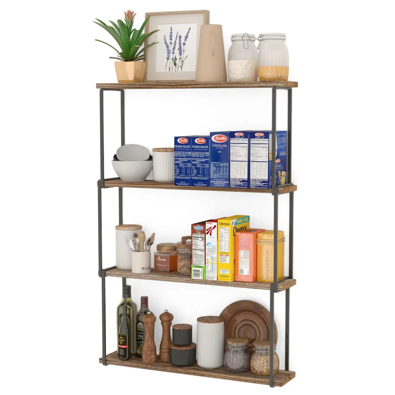 Porto Wall Kitchen 4-Tier Rustic Floating Wood Farmhouse for Laundry Bookcases Organizer, Burned Storage Natural Wallniture Shelves