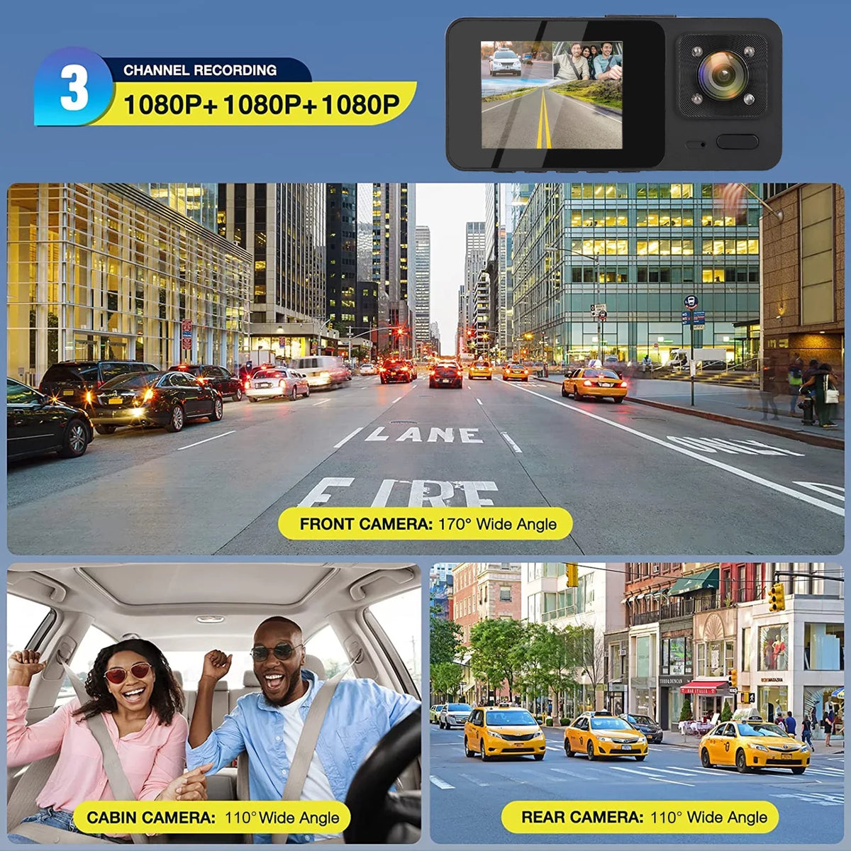 Dash HD Camera Channel 1080P G-Sensor, Cam, Loop Monitor, Dash Vision, Black Recording Parking with Night 3 TSV Backup -