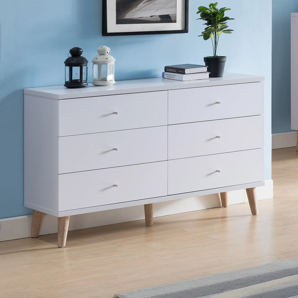 BASIC Mid-Century White Dresser 47-inch Modern Wide 6-Drawer by Denhour DH Knobs with