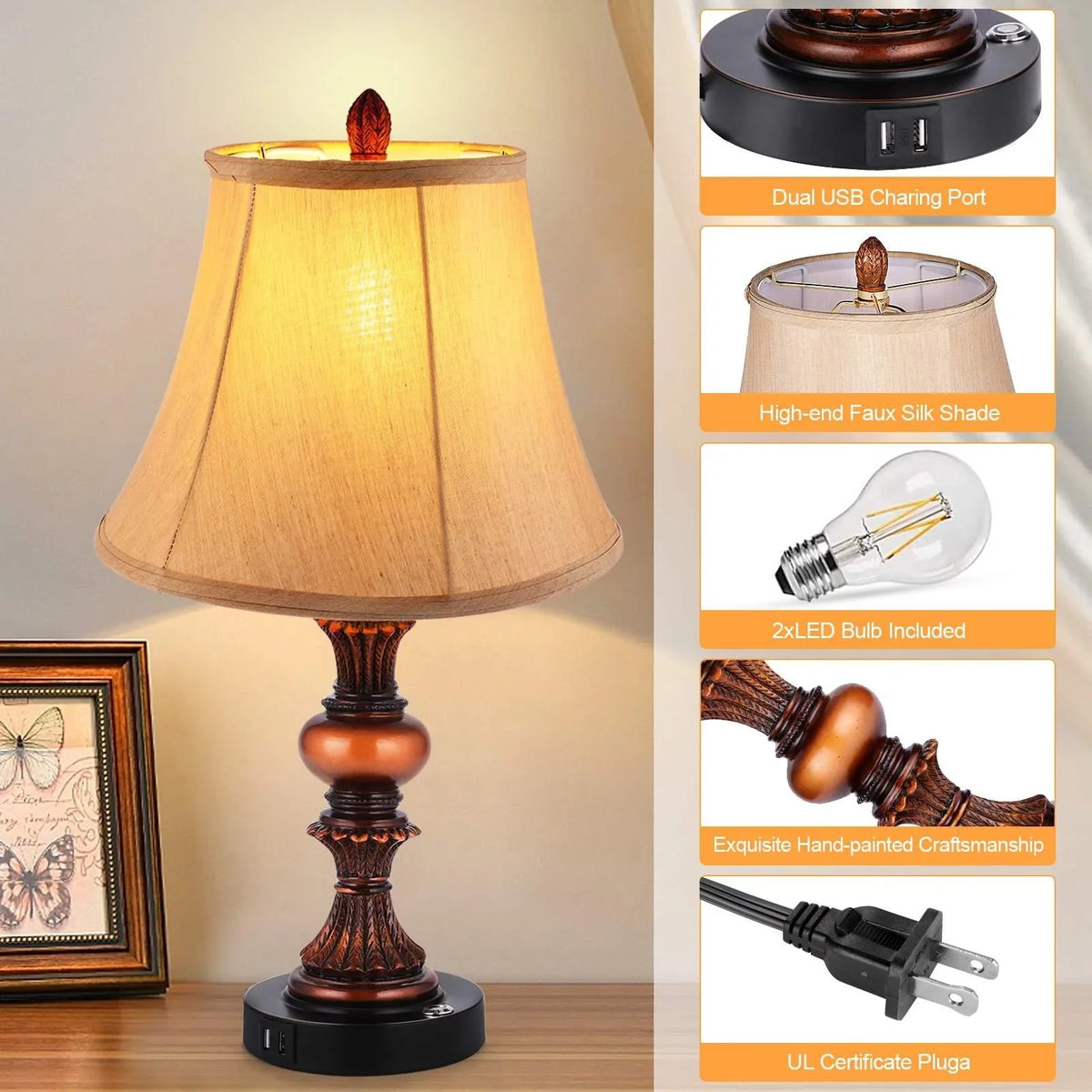 Port Nictiv 2 with Bulbs Touch Lamp Lamps, Control LED Dimmable Wooden Table Free Traditional of Nightstand Sets Bedroom USB 3-Way Lamp 4 Lamp with Bedside Set 2