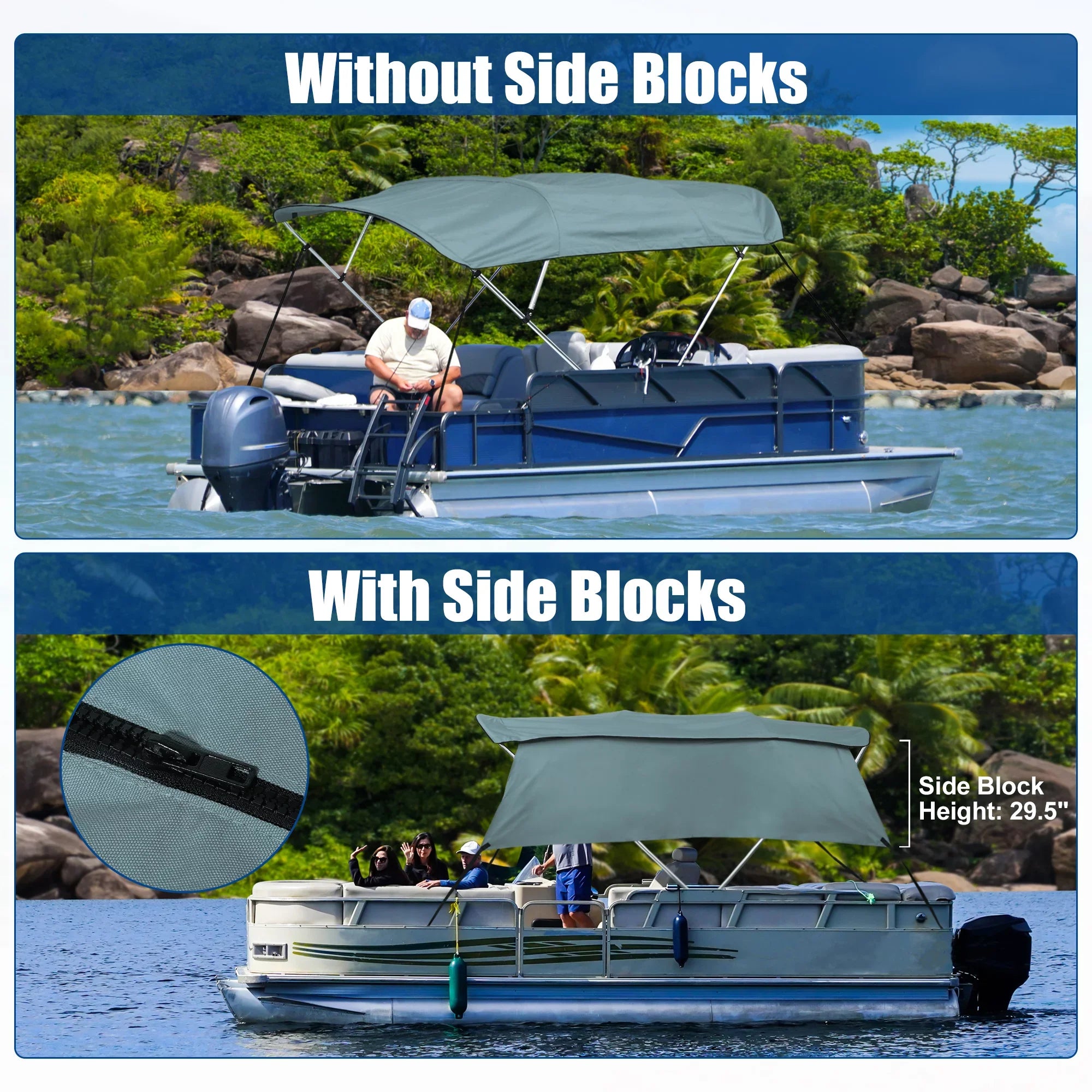 Detachable Canvas With Gray Side 4Bow 8'Lx54"Hx91"-96"W Unique Top Blocks Bimini Bargains