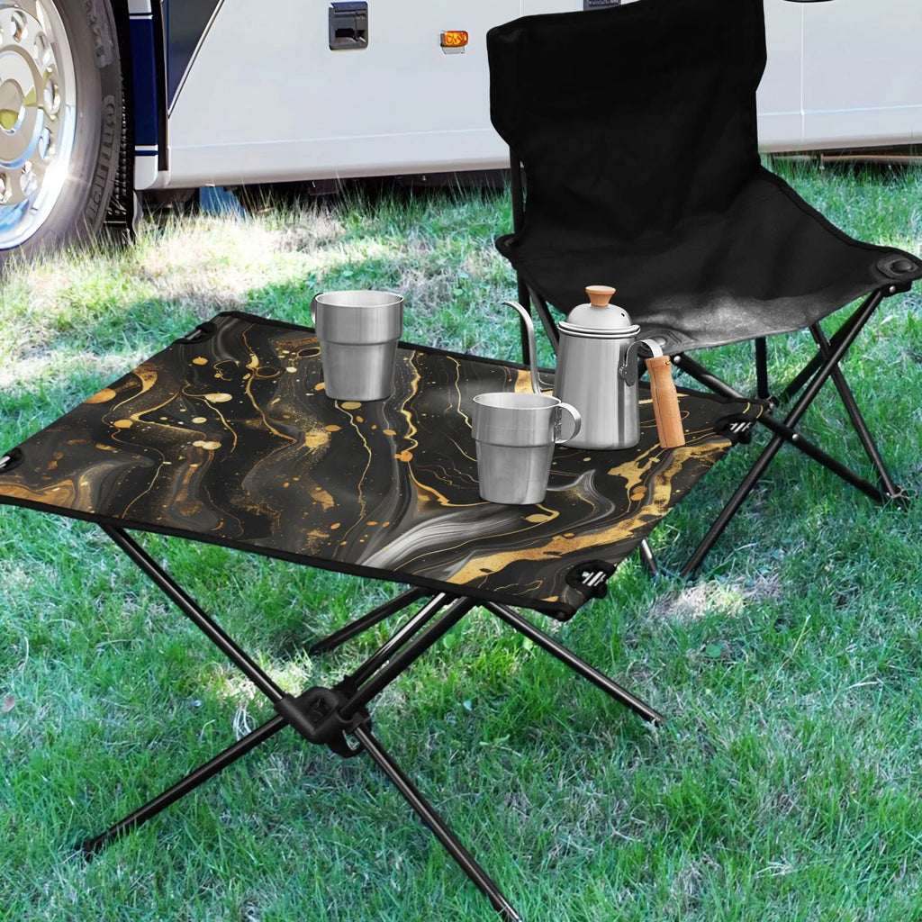 Table Beach Camping and Picnic Gold Fishing Outdoor Travel Bag with Storage for BBQ Compact Luxury Marble Table Table Folding Portable Black