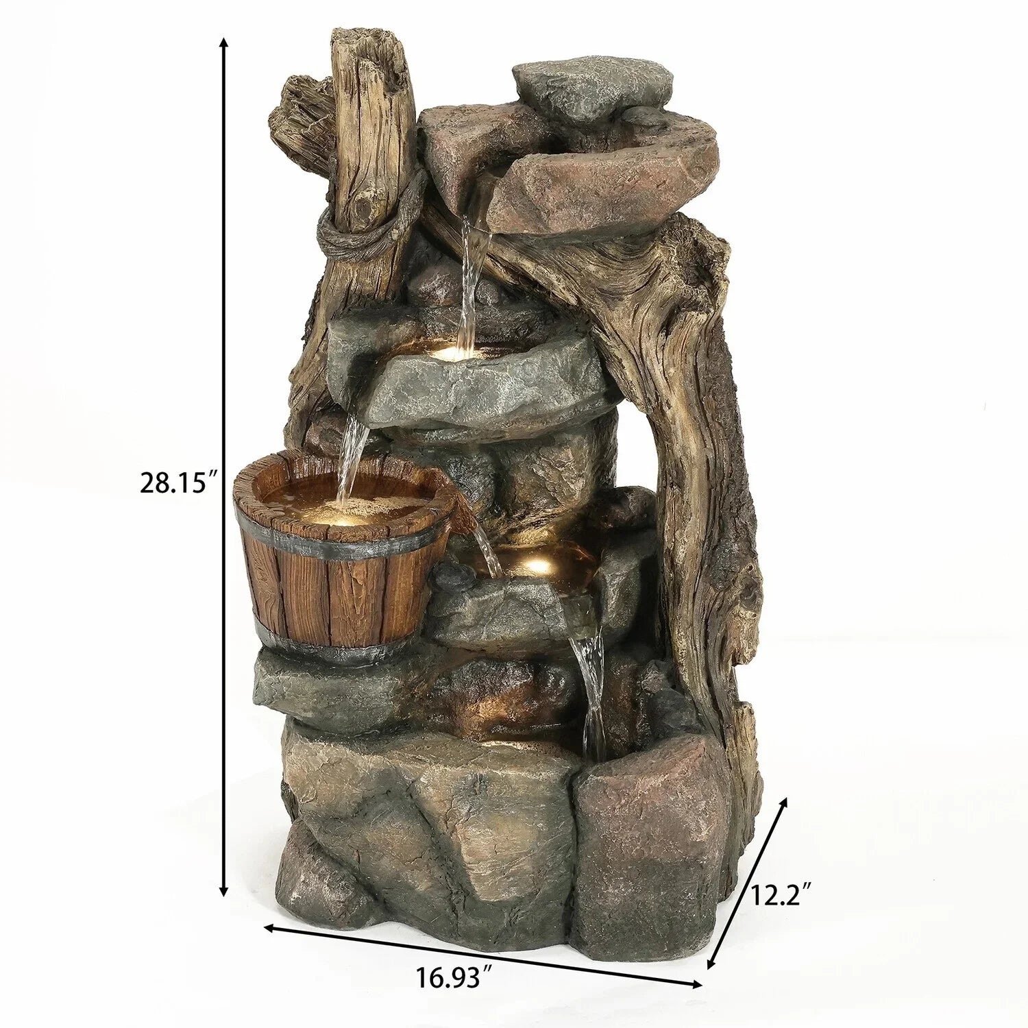 Wall And Rock Barrel Stacked Naturally Fountain With HomeStock Outdoor Nice Lights Led Resin