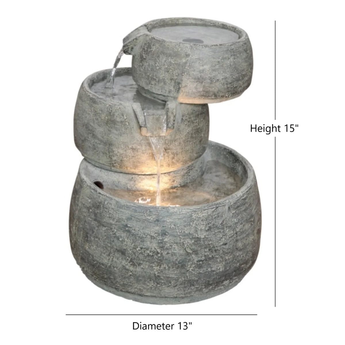 3-Tier Quartz Classic D and LED Garden Lightweight H Color, Light, x Fountain Cascading Indoor/Outdoor with 15” 11.5” Polyresin Home