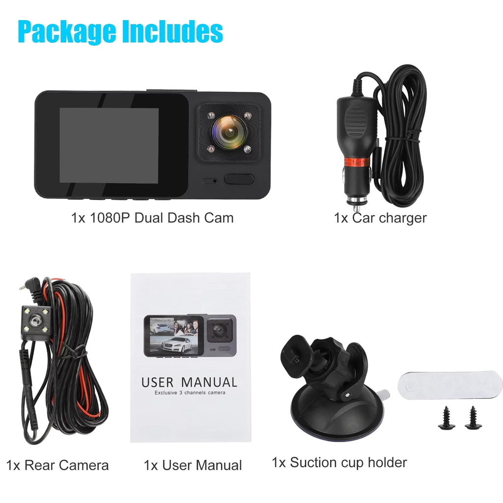 Dash HD Camera Channel 1080P G-Sensor, Cam, Loop Monitor, Dash Vision, Black Recording Parking with Night 3 TSV Backup -