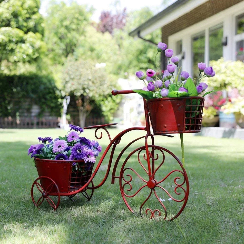 x Outdoor Pot Cart Decor, 18.5" Stand Indoor 9.8" Plant Iron Patio Planter, Garden Home 27.5" Plant Flower Tricycle x Holder Bicycle Stand