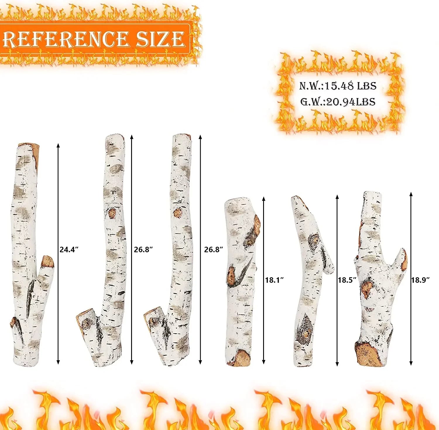 6 Logs Inserts, Birch Grisun Pits, Fireplace Gel, Fireplace Fire Propane, Firebowl, Pcs Logs, 26.8" Outdoor Indoor Ethanol, Vented, Ceramic Decoration, Realistic Wood White Large Gas Electric, for