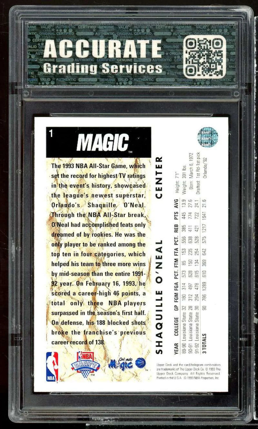 O'neal Rookie #1 8 AGS Deck Card Shaquille Upper NM/MT 1992-93