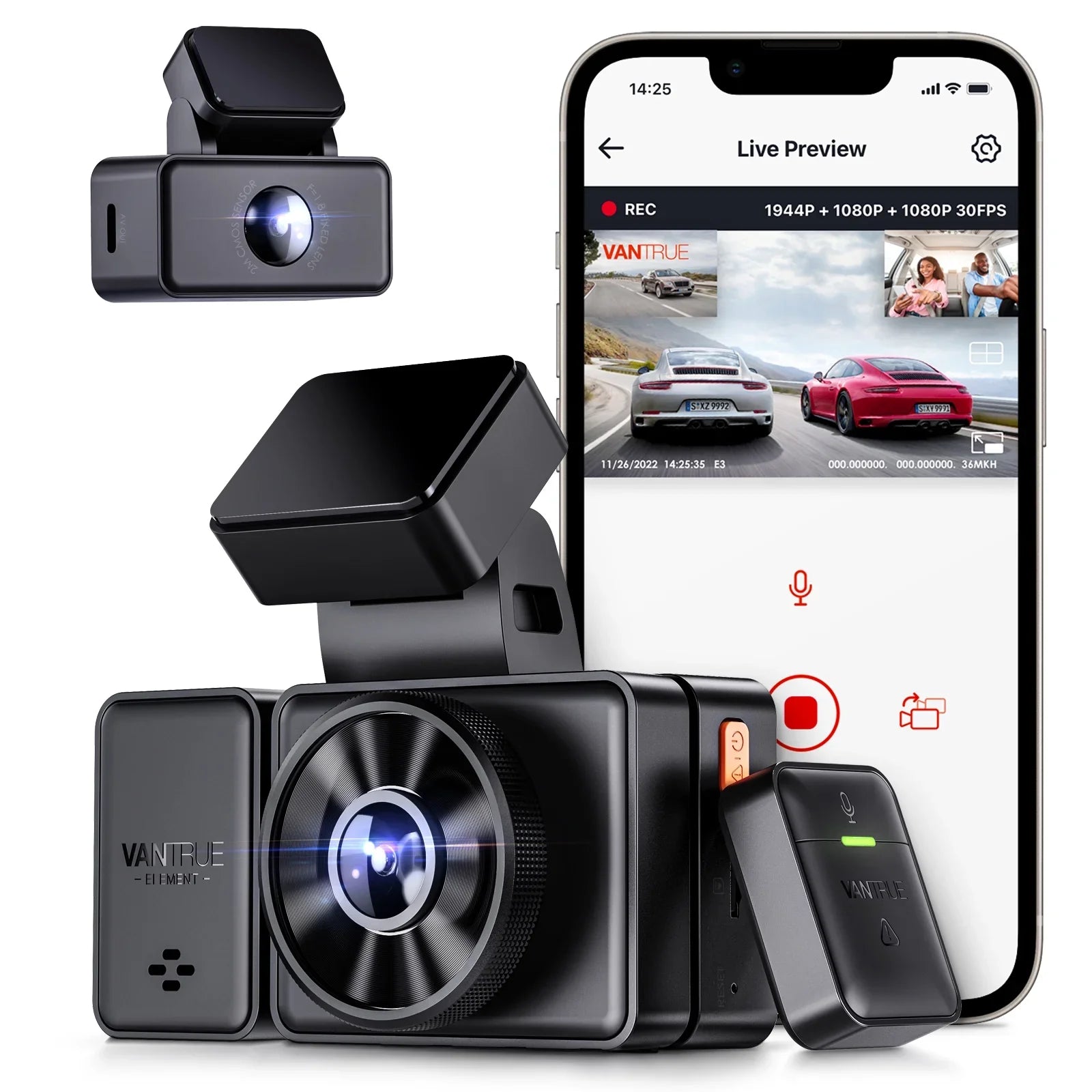 and WiFi Control, Way IR Support Dash Vantrue Dash 24 STARVIS Triple Front Inside, 3 Hours 2.5K GPS with Vision, Cam Night Rear Mode, Camera Channel Max Parking 512GB 3 E3 Voice 1944P+1080P+1080P