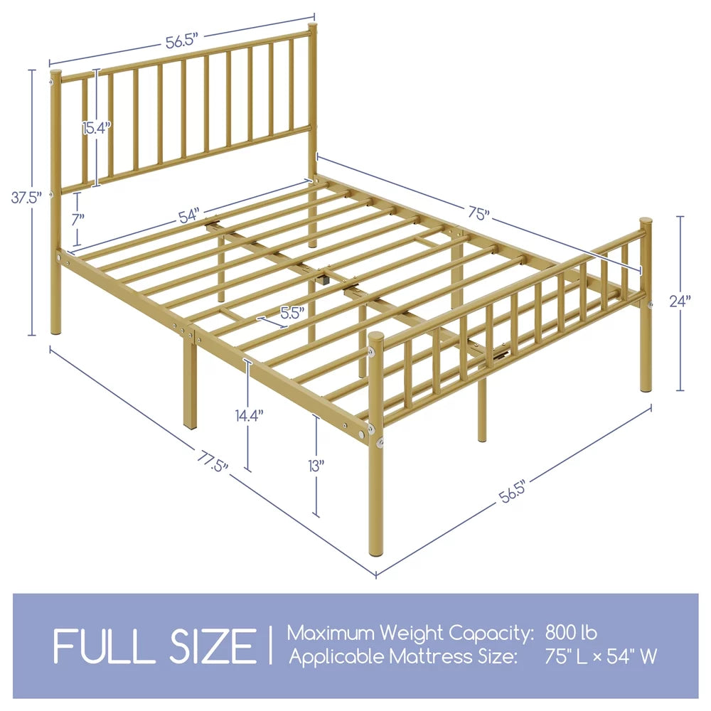 with Headboard Bed Gold Metal and Footboard,Full,Antique Easyfashion Platform Spindle Justin
