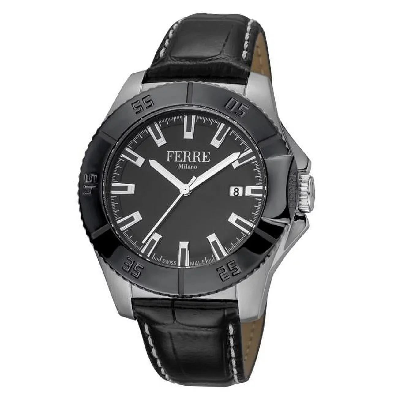 Swiss Made with Mens Dial Leather Watch Strap Black Quartz Black Calfskin