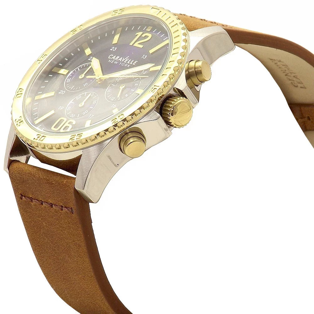 Brown Strap Caravelle Leather Men's Sport Blue 45A135 Watch Dial Chronograph
