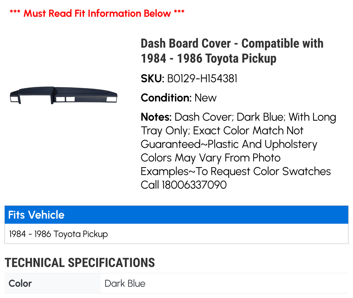 1986 - Toyota Cover 1985 with Compatible Board Pickup 1984 Dash -