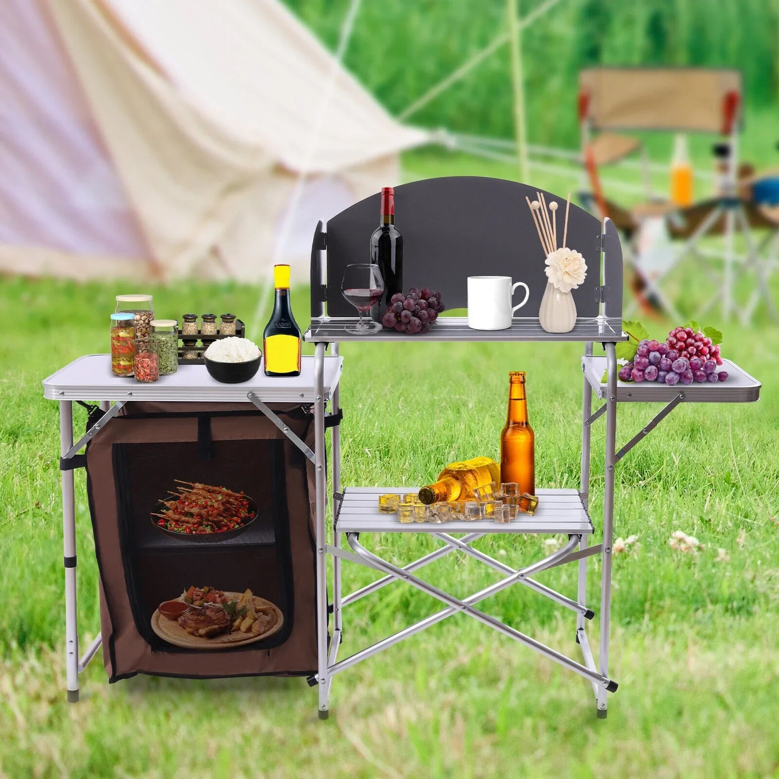 Cabinet Table BBQ Kitchen Storage Picnic Folding Table Portable Miumaeov Camping Rack
