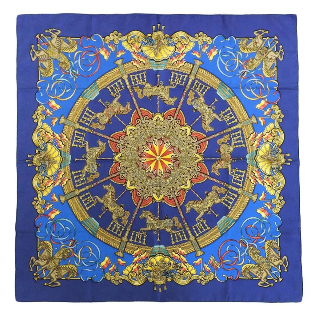 HERMES Scarf Horse Muffler Silk Pre-Owned PARK Carousel KARE90 Amusement LUNA (Good) Park Blue
