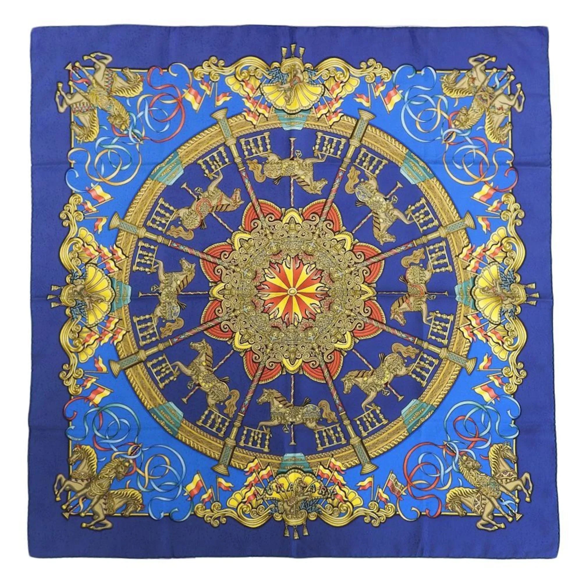 HERMES Scarf Horse Muffler Silk Pre-Owned PARK Carousel KARE90 Amusement LUNA (Good) Park Blue