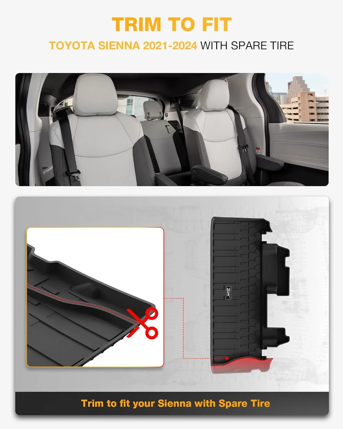 1st Model 3W 2021-2024 8 2nd Black Row for Spare Car Tire for ), Seater Trunk Mats Sienna (NOT All Weather Floor TPE Mat Mats&Cargo with Liner 3rd Toyota and