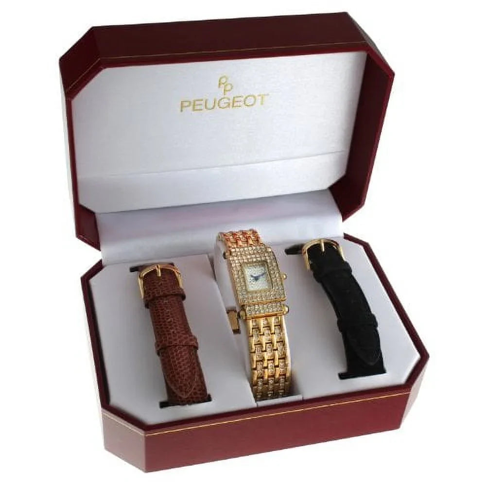 Leather Bands Crystal-Accented Peugeot Interchangeable Women's Gold-Tone Two with 691G Watch