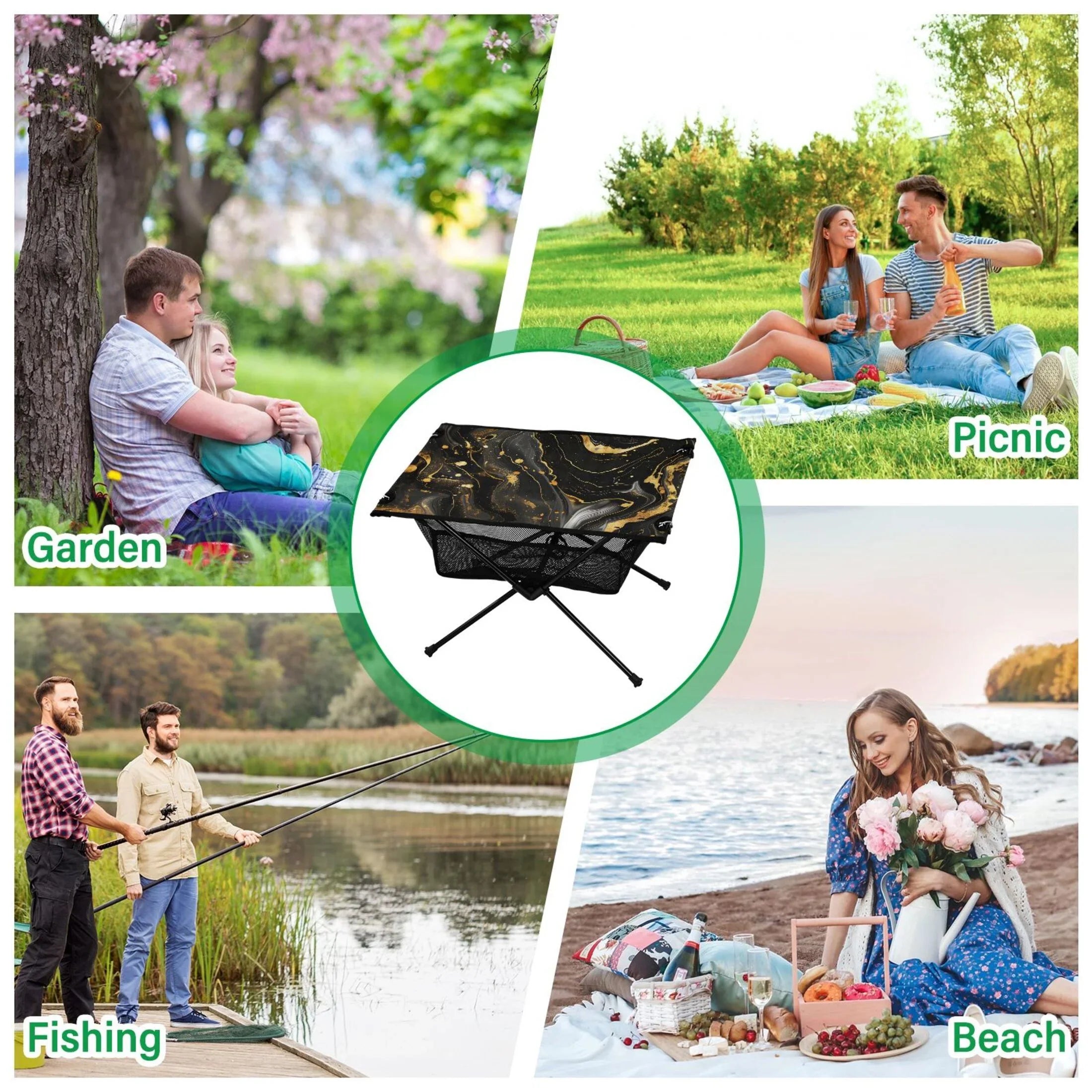 Table Beach Camping and Picnic Gold Fishing Outdoor Travel Bag with Storage for BBQ Compact Luxury Marble Table Table Folding Portable Black