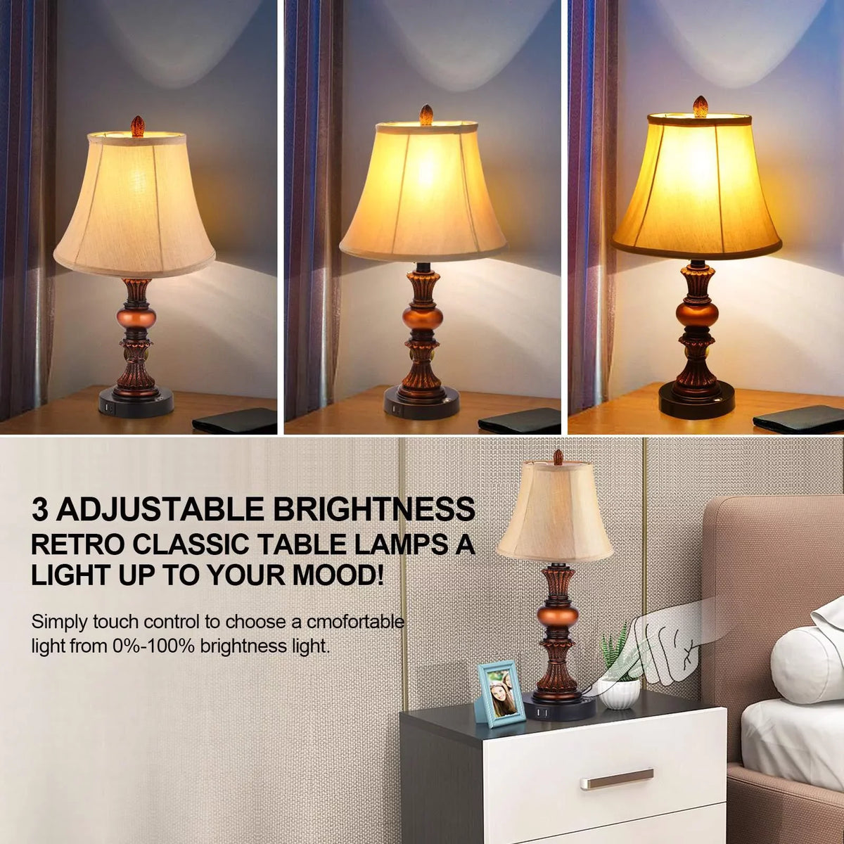 Port Nictiv 2 with Bulbs Touch Lamp Lamps, Control LED Dimmable Wooden Table Free Traditional of Nightstand Sets Bedroom USB 3-Way Lamp 4 Lamp with Bedside Set 2