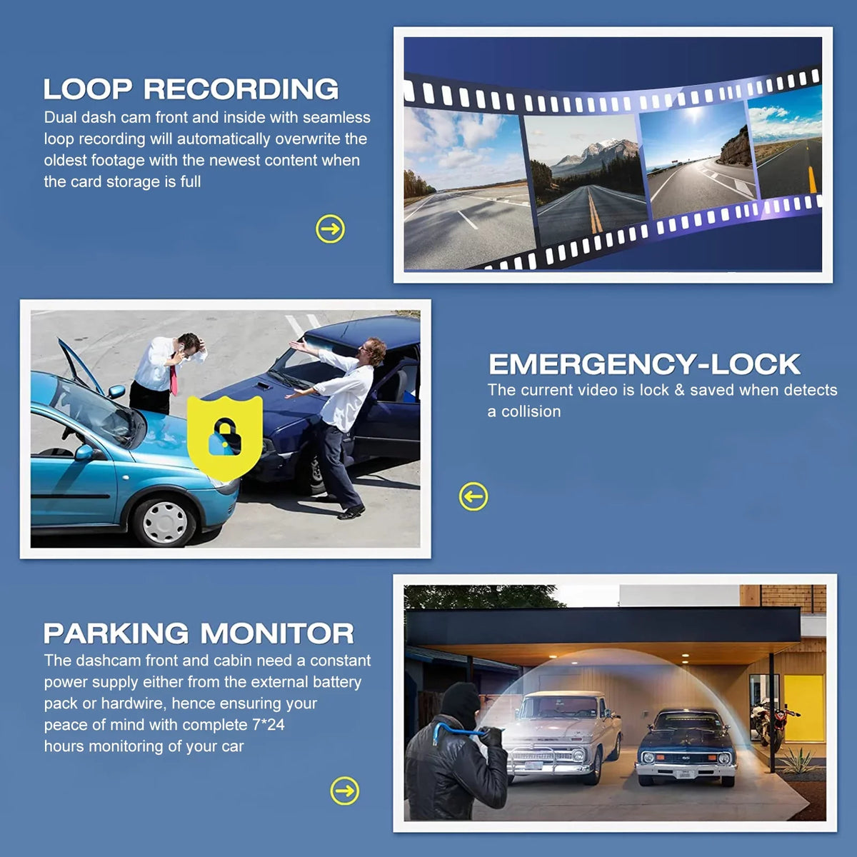 Dash HD Camera Channel 1080P G-Sensor, Cam, Loop Monitor, Dash Vision, Black Recording Parking with Night 3 TSV Backup -