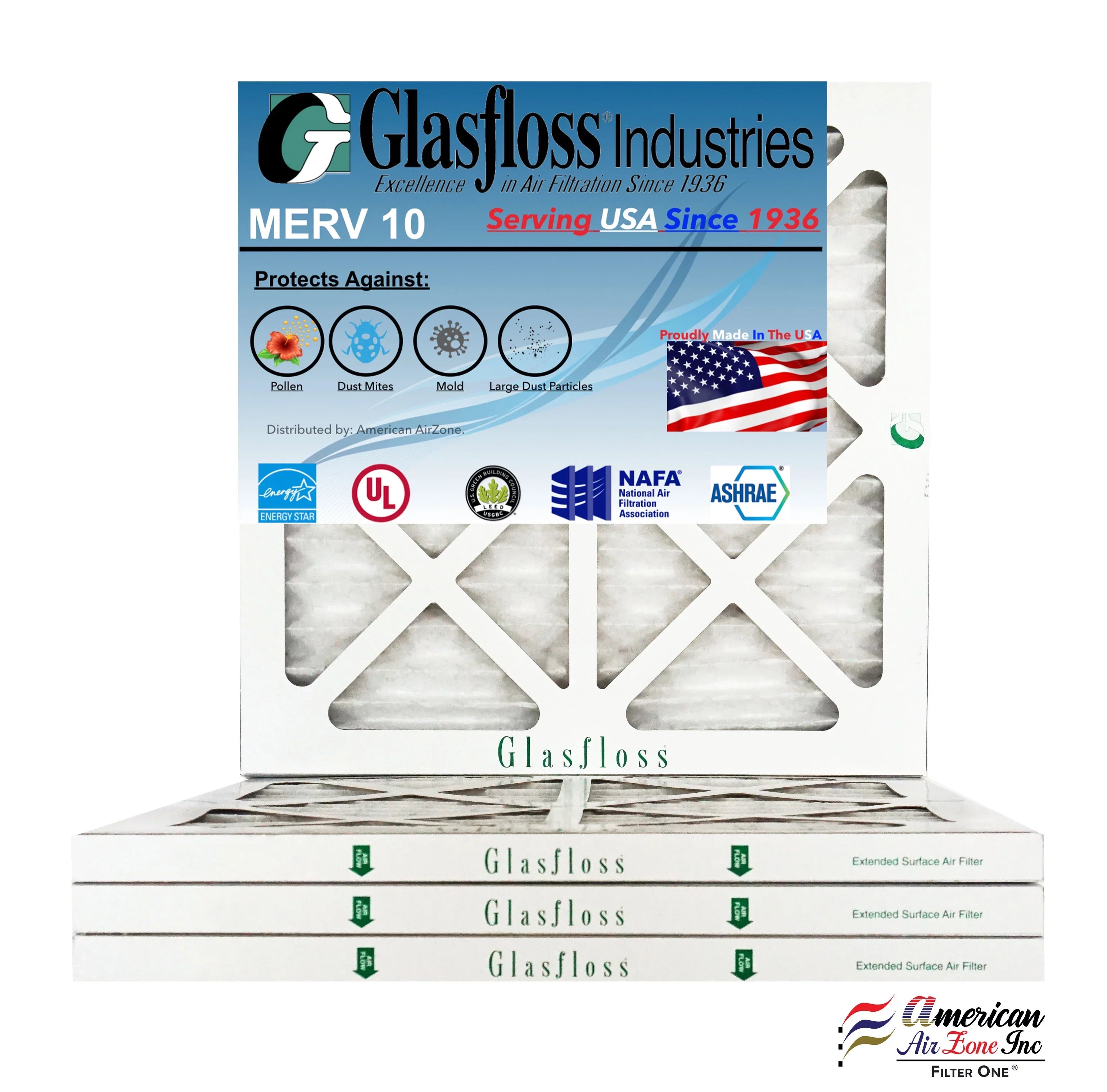'-Qty:4 - 10 Filter 16x19x1 Glasfloss Air USA Furnace in Made MERV 15.5 (Actual 18.5x7/8 - x Size: inch) -