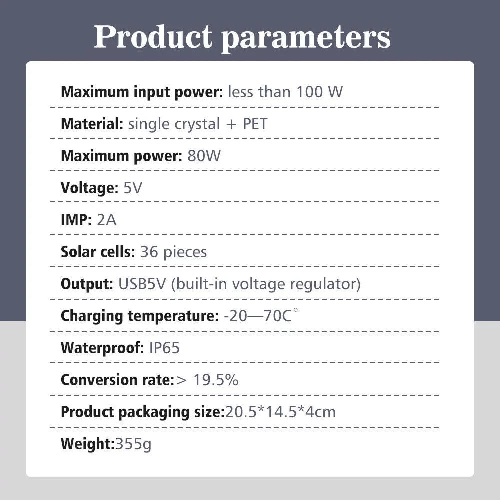 Waterproof Bank Phone Fishing Solar Phone Outdoors Charger Power Hiking Solar for Emergency Charger Camping Panel Portable Solar 80W