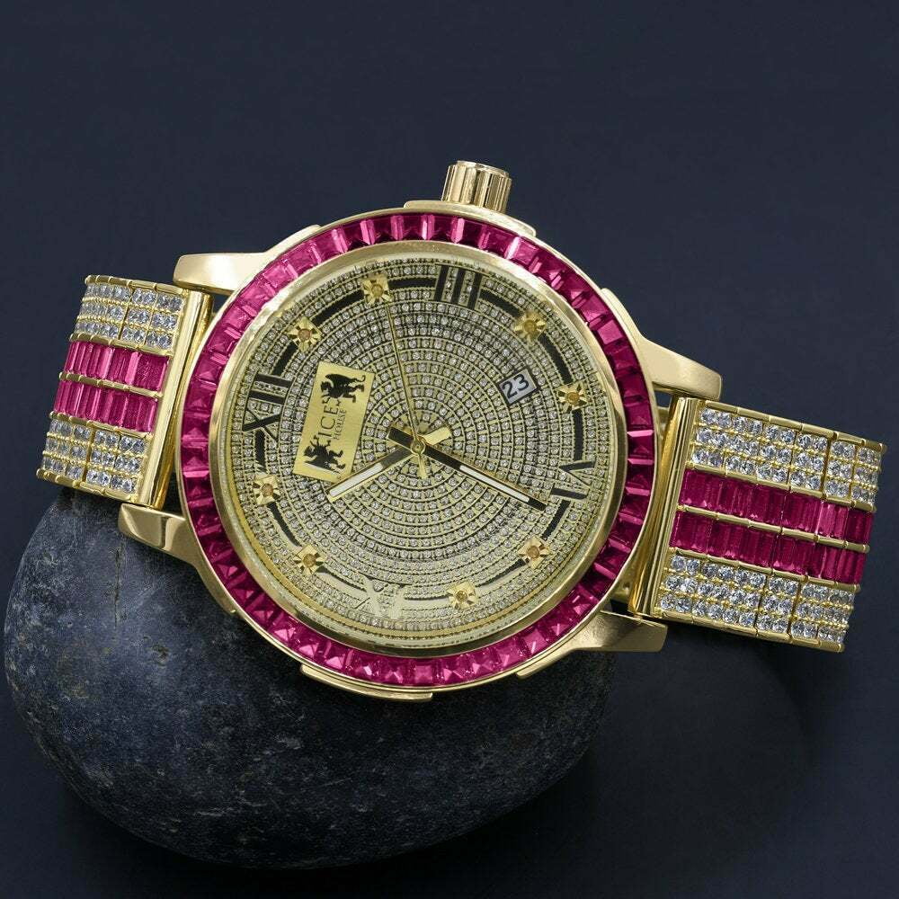 Real Gold Tourmaline Pink Bezel Diamond Stainless Steel Dial Custom Tone Mens Watch