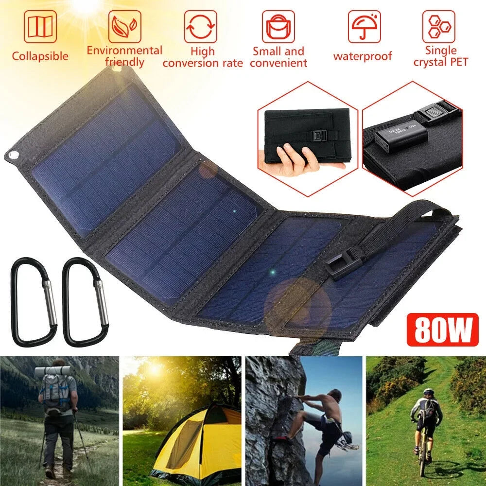 Waterproof Bank Phone Fishing Solar Phone Outdoors Charger Power Hiking Solar for Emergency Charger Camping Panel Portable Solar 80W