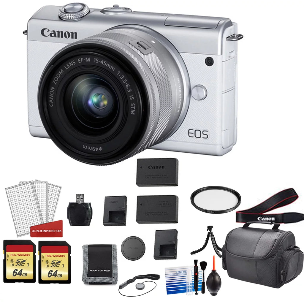 Mirrorless Lens + EOS with More Digital (White) Canon M200 Memory Spare with 128GB Camera + Battery Card Kit 15-45mm