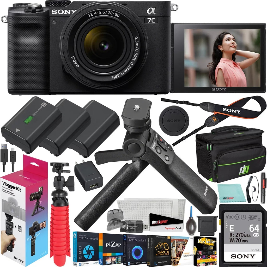 28-60mm Bag F4-5.6 2x Accessories Deco & w. Body ILCE7CL/B + Wireless Mirrorless Full Vlogger GP-VPT2BT + Bundle Black + Remote Camera Gear a7C Grip ACCVC1: Battery Kit Sony Lens Shooting Frame with