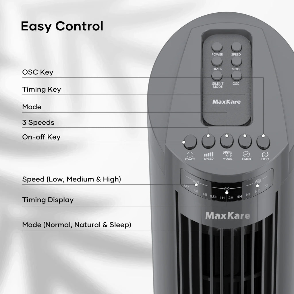 Gray Remote Speeds 3 60dB Wind Dark Fan Control Quiet Modes 30" Fan with Oscillating 120° Fan Bedroom, 3 MaxKare Cooling Tower Timer for