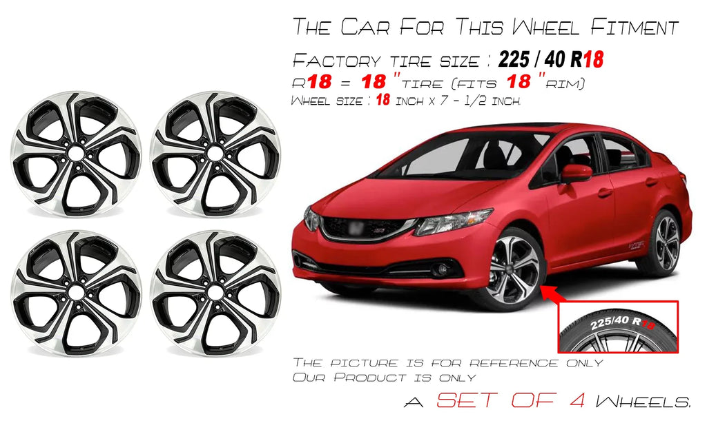 SET 2015 Replacement BLACK 18" OF Civic Machined Honda Wheels 18X7.5 For OEM Quality Rim 2014 4