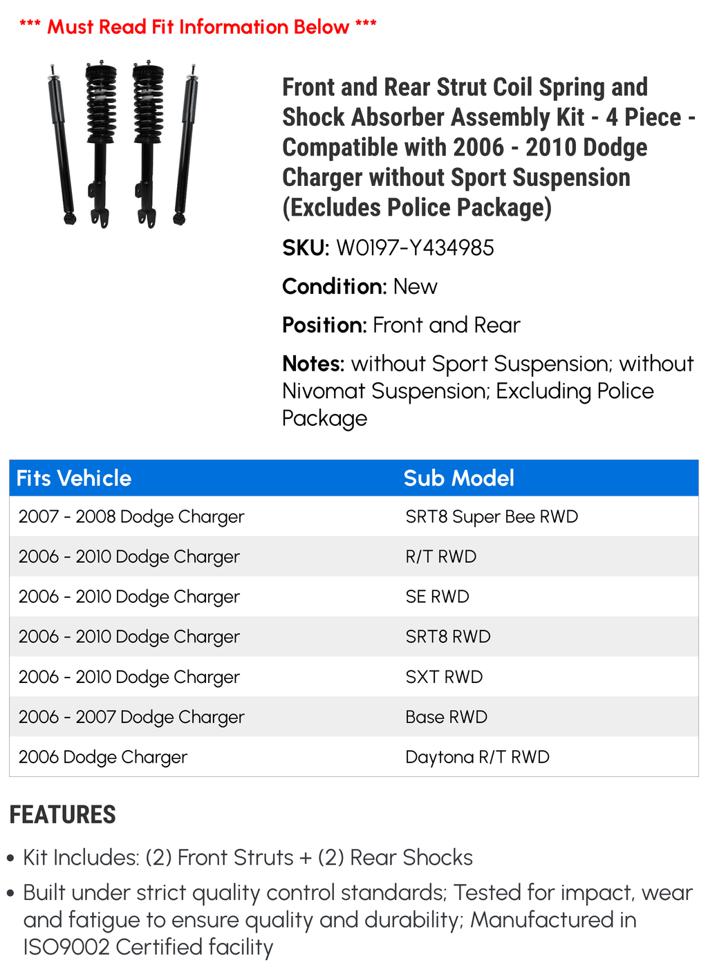 (Excludes 2006 Police Spring Piece - and 2009 4 - Coil 2007 Shock without Kit Rear Front Strut Assembly Sport Suspension and Compatible Dodge 2010 with 2008 Absorber - Charger Package)