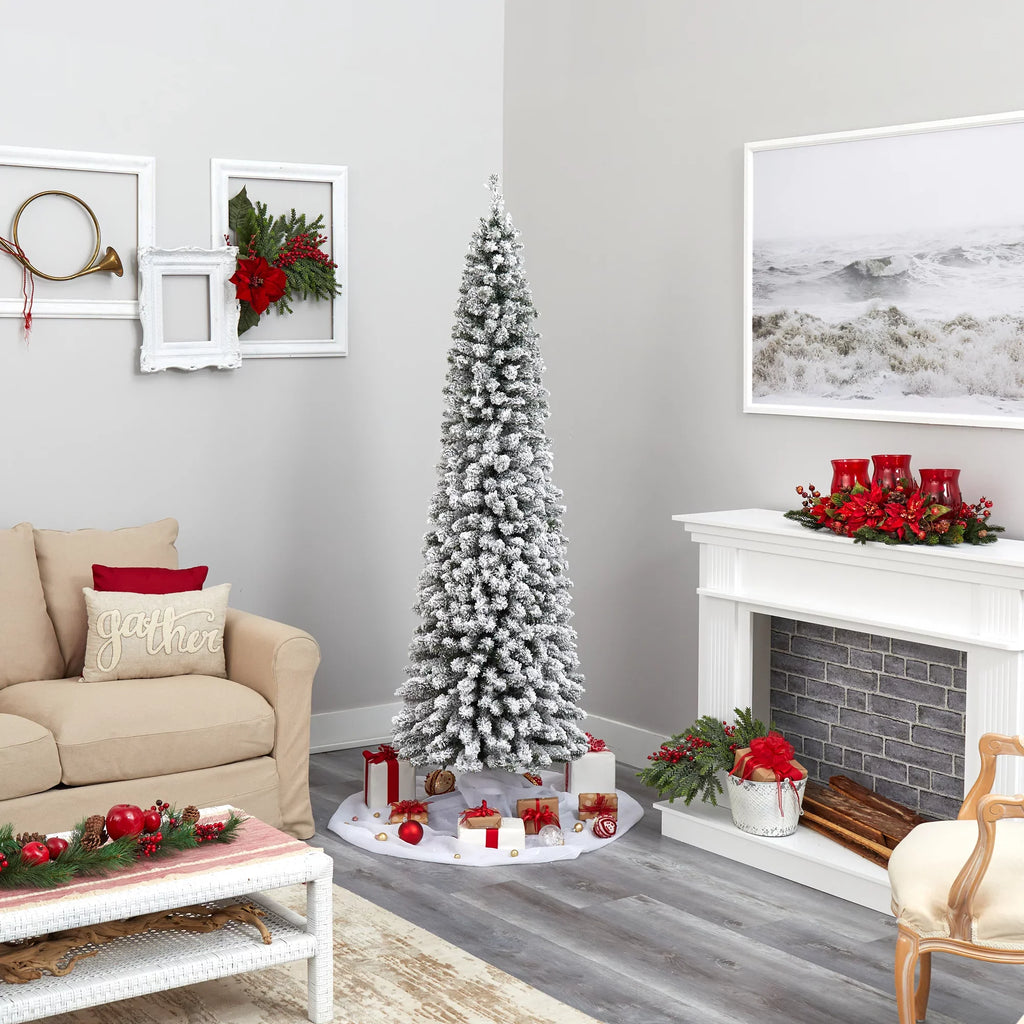 White Christmas Lights Tree 7' Nearly Pencil Artificial Natural Flocked Clear 400 Prelit