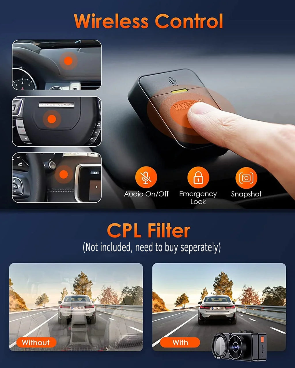 and WiFi Control, Way IR Support Dash Vantrue Dash 24 STARVIS Triple Front Inside, 3 Hours 2.5K GPS with Vision, Cam Night Rear Mode, Camera Channel Max Parking 512GB 3 E3 Voice 1944P+1080P+1080P