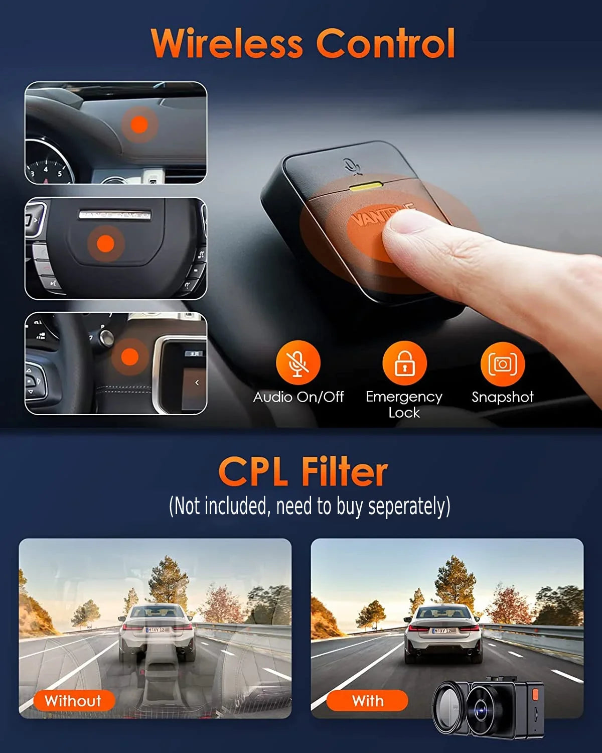 and WiFi Control, Way IR Support Dash Vantrue Dash 24 STARVIS Triple Front Inside, 3 Hours 2.5K GPS with Vision, Cam Night Rear Mode, Camera Channel Max Parking 512GB 3 E3 Voice 1944P+1080P+1080P