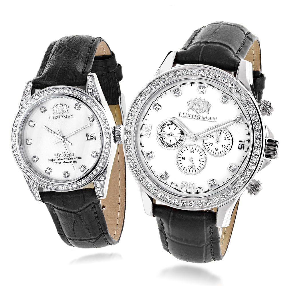 Band Matching Diamond Leather Watches w Mvt Hers MOP Black White His Real Swiss and