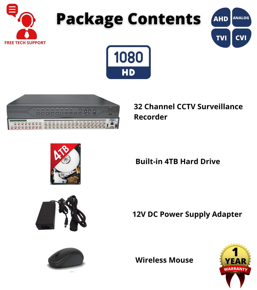 for Security Recorder Video HD 4TB Channel Drive Recording DVR Camera for with 32 Hard Access Evertech Surveillance Easy H.265 Remote