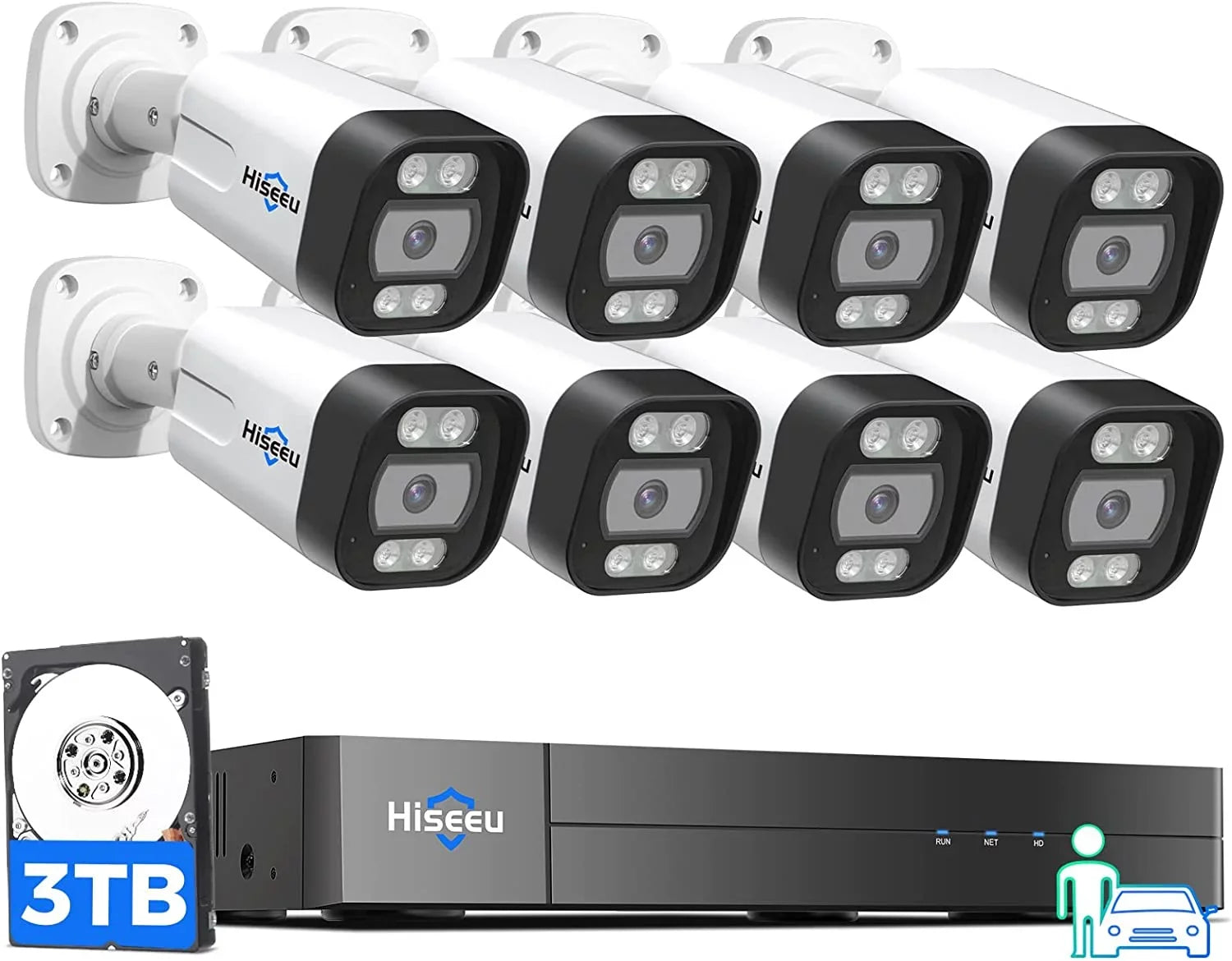 Outdoor,4K 3TB 5MP Camera Camera PoE Drive,Person/Vehicle IP Indoor with Expandable Security Security for Video PoE NVR Hiseeu Monitoring System,8PCS Hard Detect,Audio 16CH
