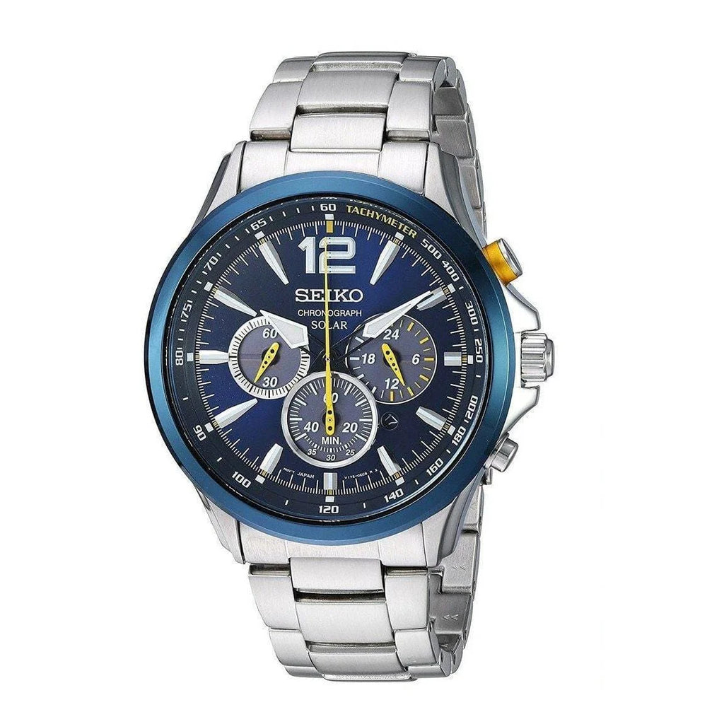 Seiko Steel Bracelet Dial Interchangeable Chronograph Solar Watch Men's Core Blue SSC505
